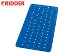 A blue bath mat with a wavy texture and drainage holes, featuring the RIDDER logo.