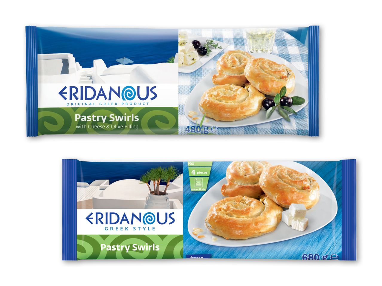 To pakker frosne Eridanus-kager, en med oliven og en med feta.