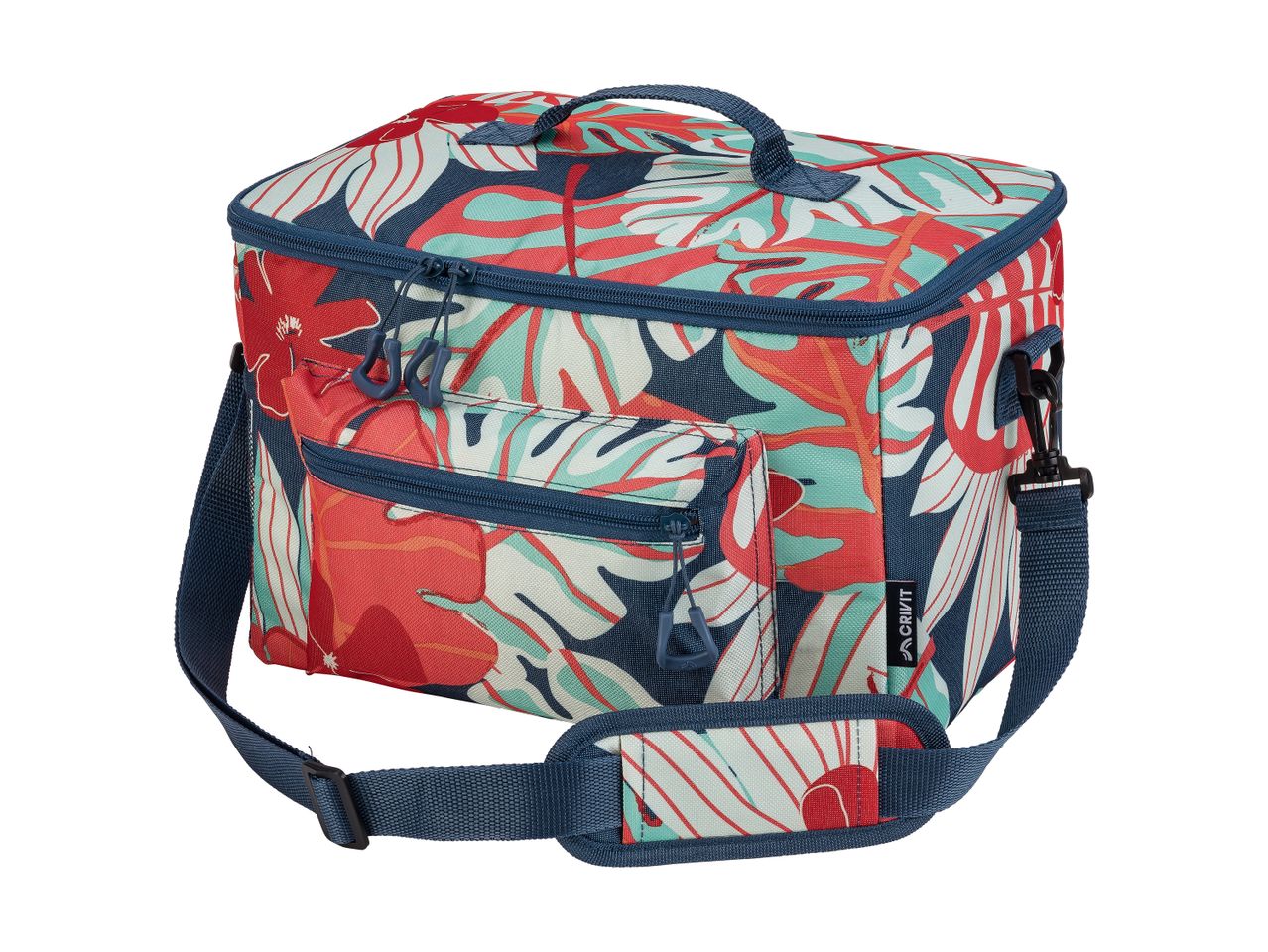 Floral print cooler bag with shoulder strap and front pocket