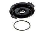 Black plastic filter housing and a rubber O-ring on a white background.
