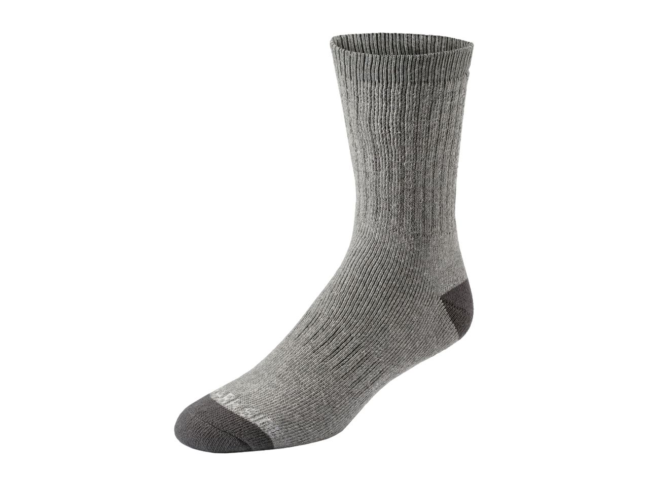 Grey crew sock with a darker grey heel and toe, featuring a ribbed texture.