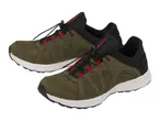 Pair of olive green and black athletic shoes with red accents and bungee laces