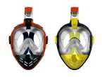 To fuldansigts snorkelmasker i rød og gul farve.