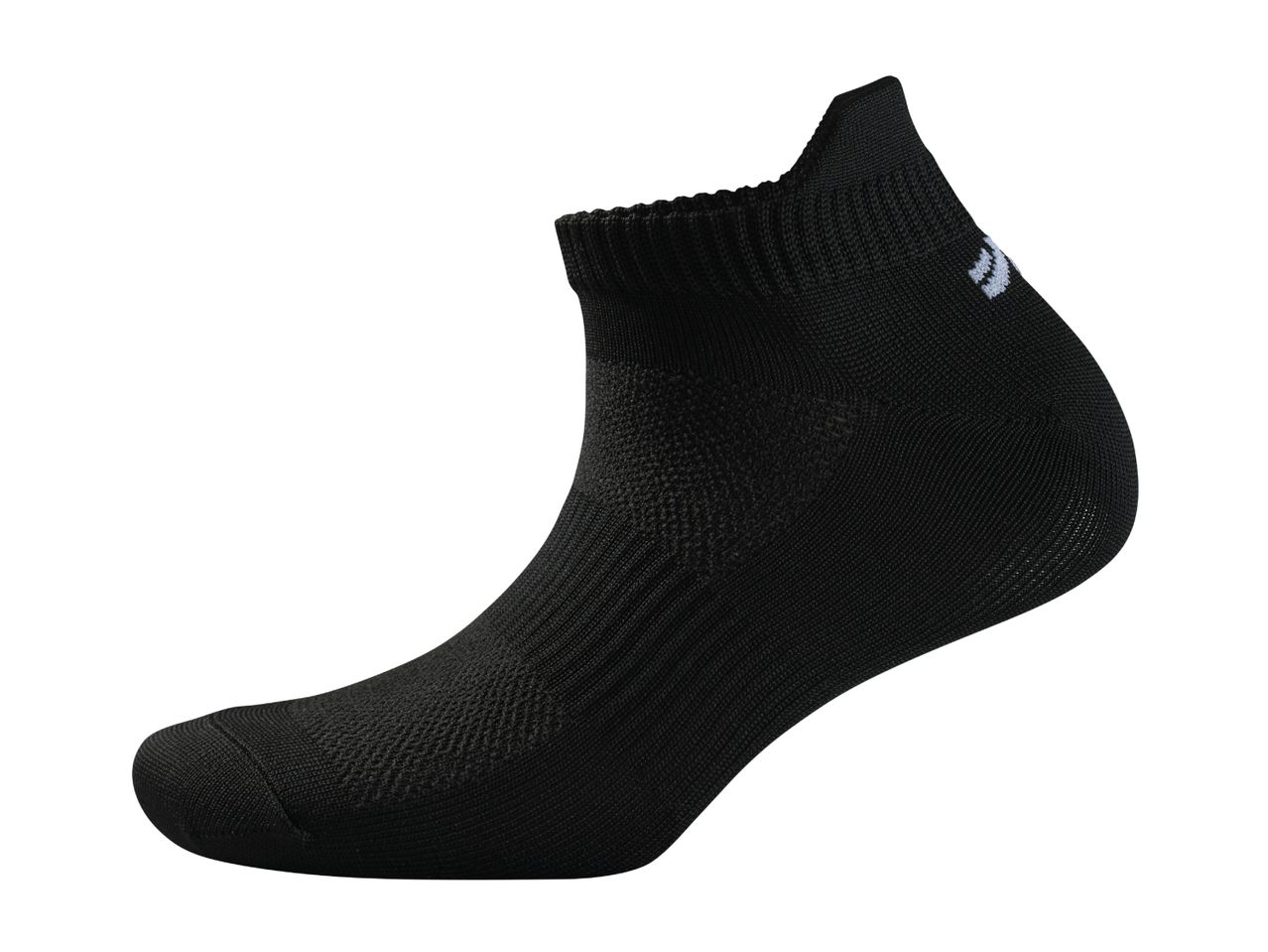 Black ankle sock with textured knit details and a small light grey logo on the heel.
