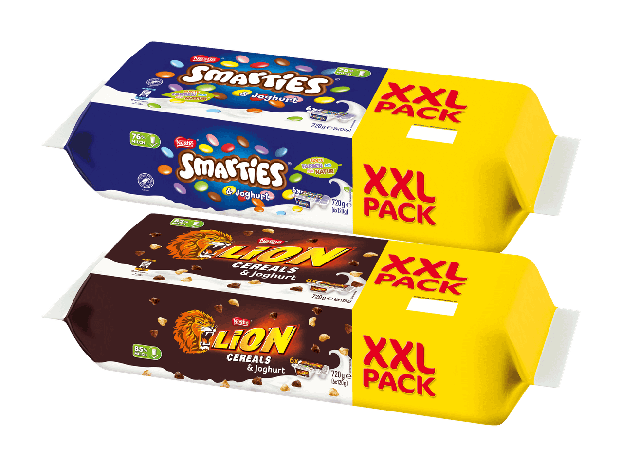 XXL-Packungen von Nestlé Smarties & Joghurt und Lion Cereals & Joghurt.
