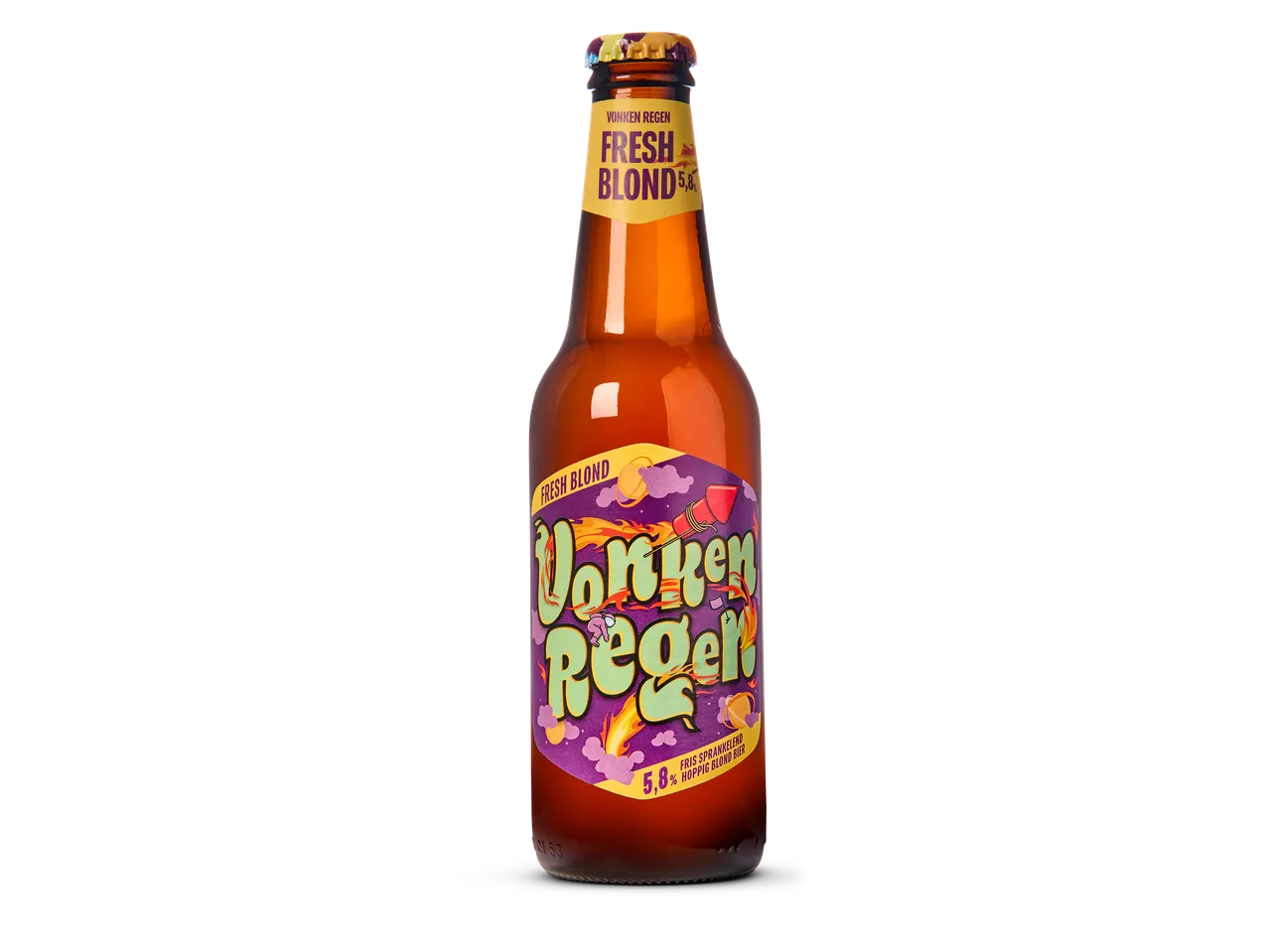 Fles blond bier met een kleurrijk etiket met de tekst 'Vonken Regen Fresh Blond' en 5,8% alcohol.