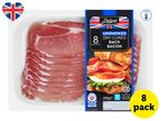 Pack of 8 unsmoked dry cured back bacon rashers, 240g, with a serving suggestion of a bacon and egg sandwich.