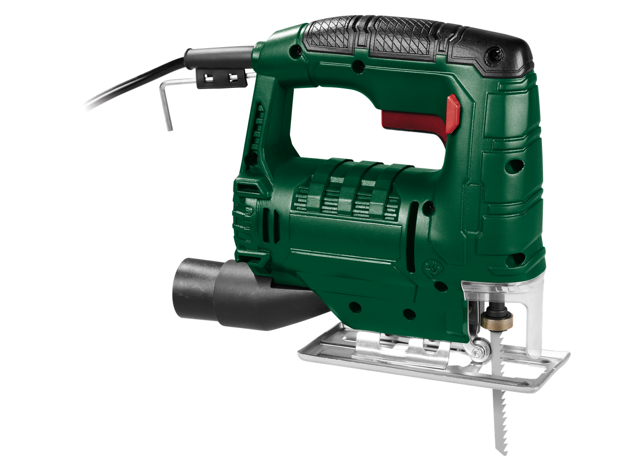 Fierăstrău pendular PARKSIDE verde cu lamă de fierăstrău și cheie hexagonală, pe fundal negru.