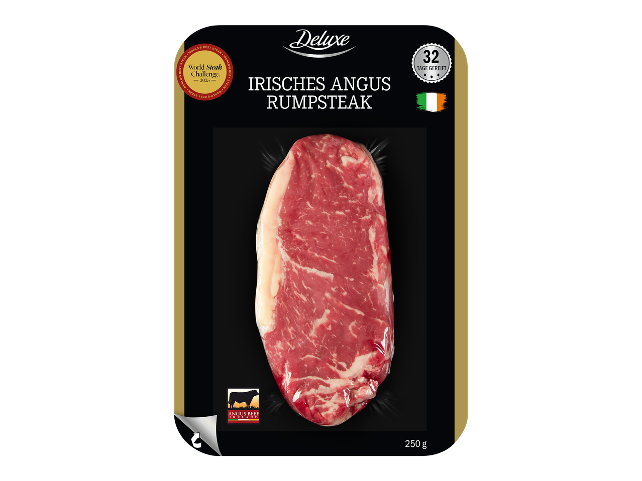 Verpakking Iers Angus Rumpsteak met keurmerken en gewichtsaanduiding.