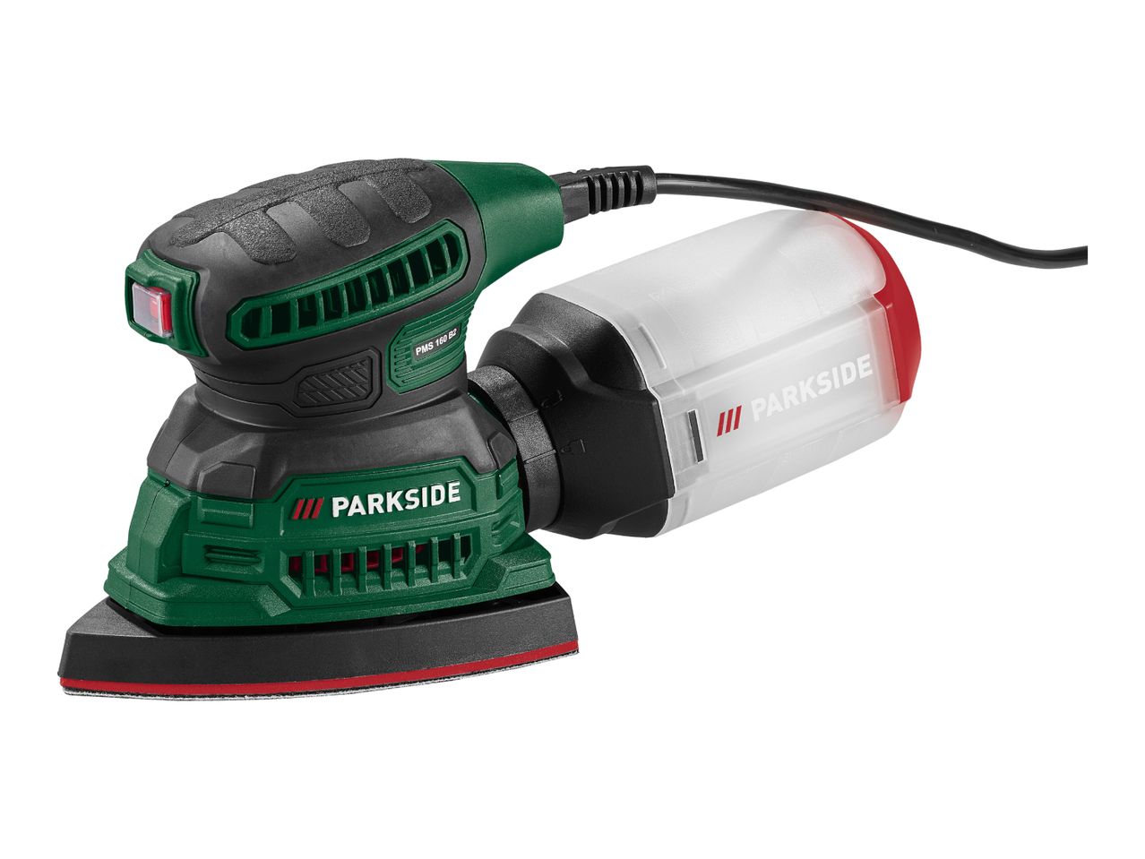 Orbital sander with dust collection box and power cord.