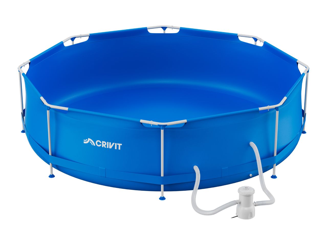 Blue round frame pool with a filter pump, ready for outdoor use.