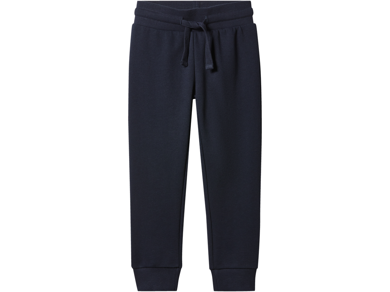 Tamsiai mėlynos sportinės kelnės su raišteliu ties juosmeniu.