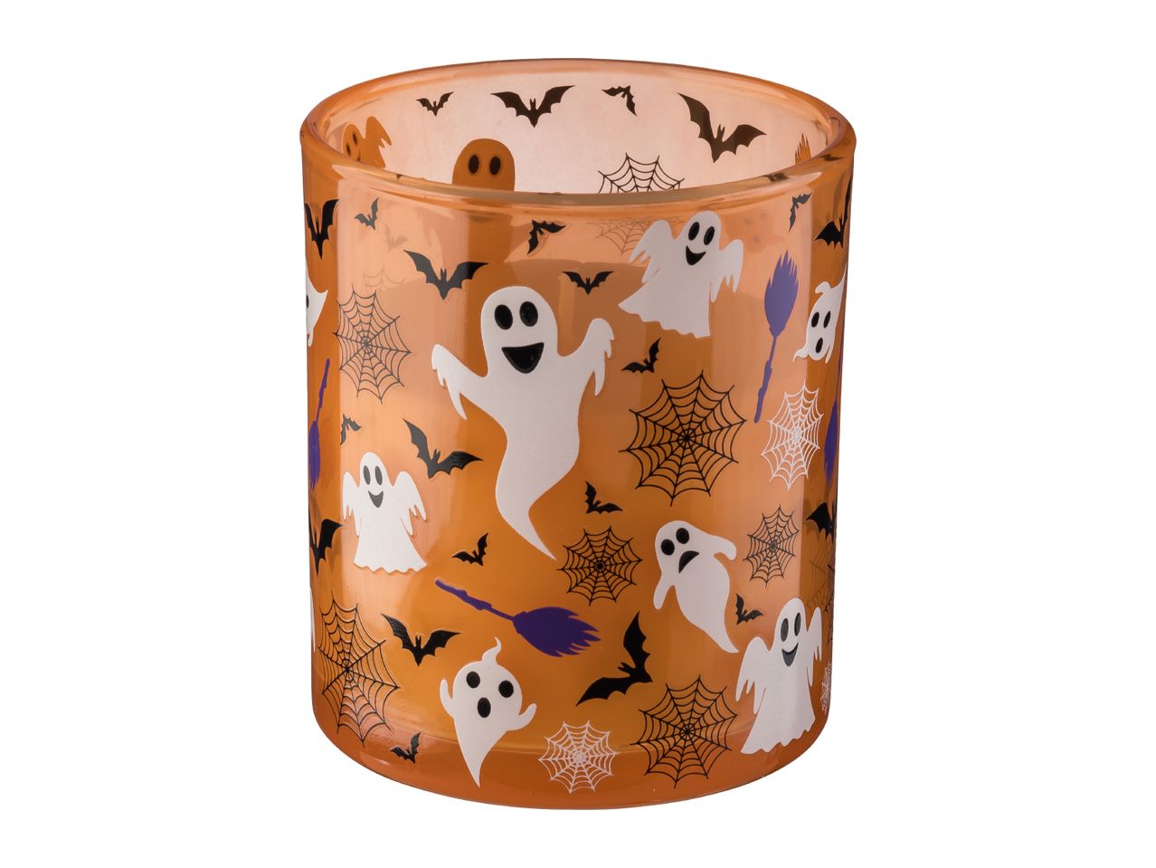 Halloween-themed glass candle holder with ghosts, bats, spiderwebs, and brooms on an orange background.