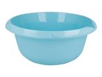 A light blue plastic mixing bowl.