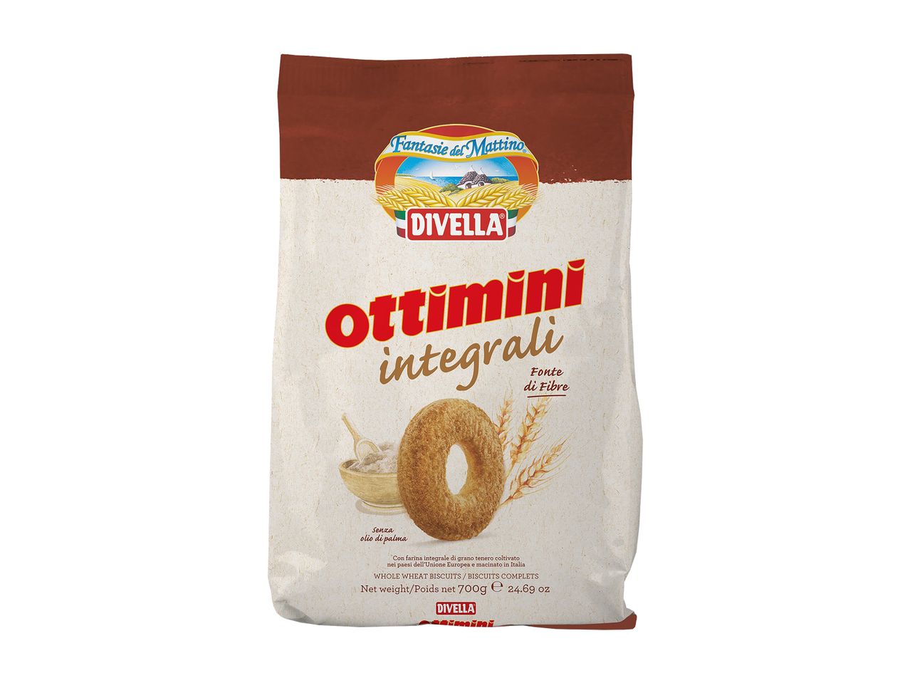Sacchetto di biscotti integrali Ottimini della Divella, fonte di fibre.