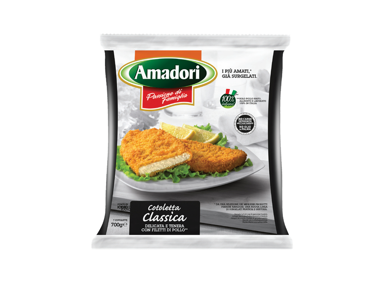 Pakovanje smrznutih pohovanih pilećih fileta sa natpisom „Klasični kotlet, delikatan i nežan sa pilećim filetima“.