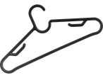 A black plastic clothes hanger with a hook.