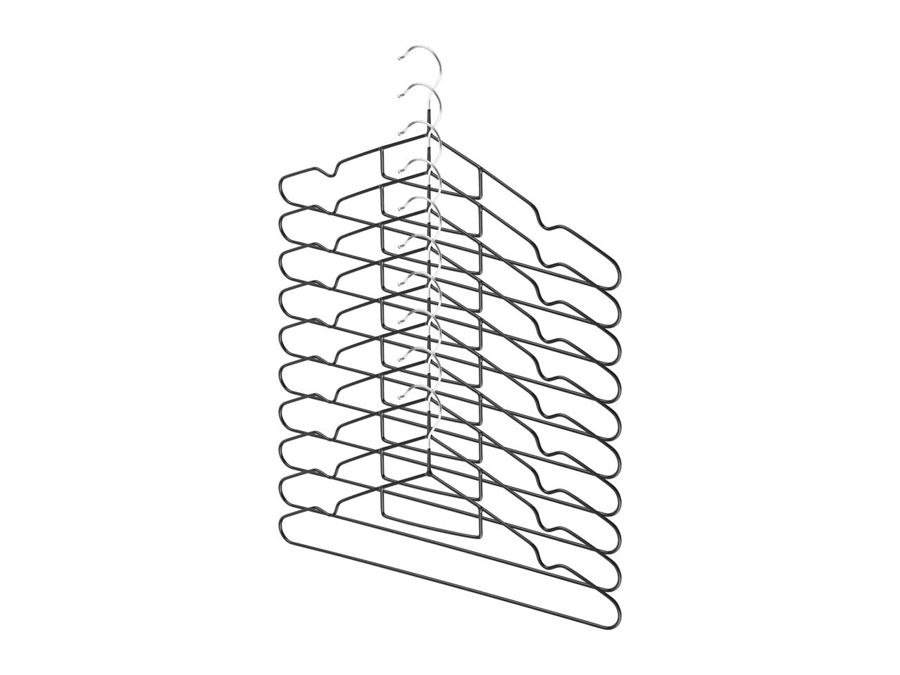 Stack of black metal hangers with chrome hooks, designed for space-saving storage.