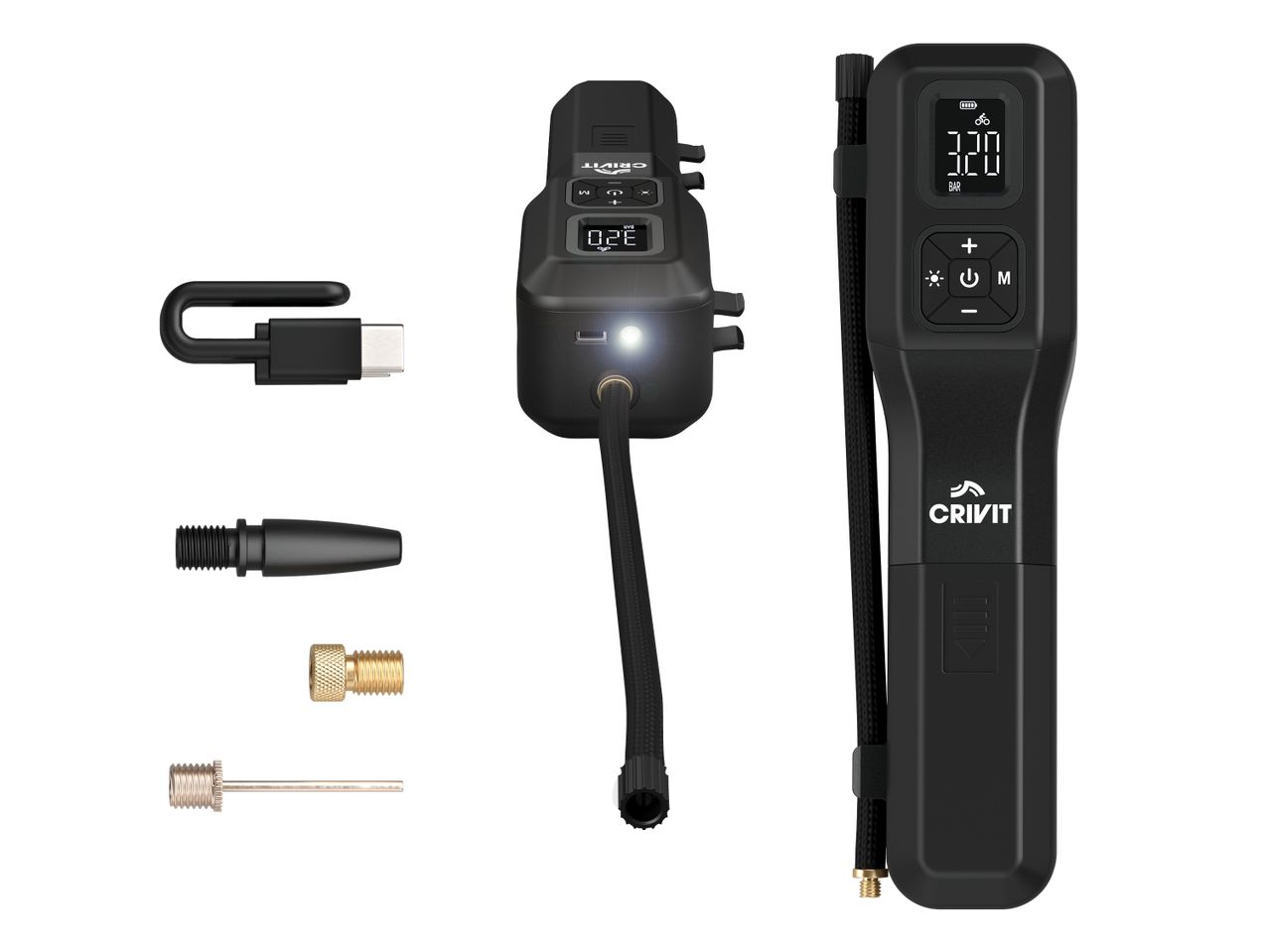 Tragbare elektrische Luftpumpe mit digitalem Display, USB-C-Kabel und verschiedenen Aufsätzen.