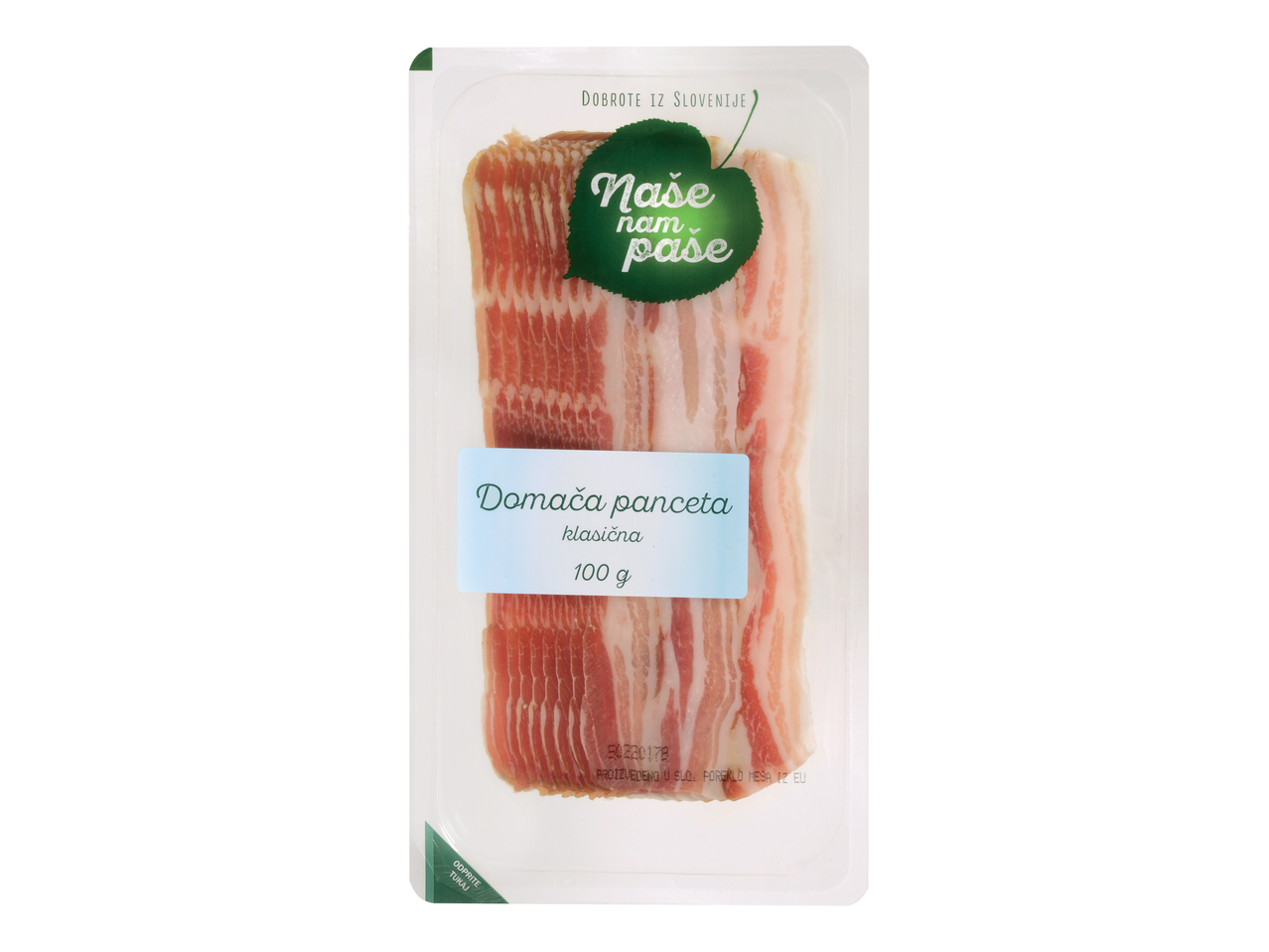 100 g klasične Domača pancetta, pakirano v plastiki.