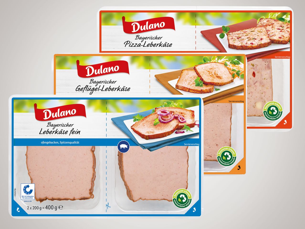Dulano Bayerischer Leberkäse Sorten: Pizza, Geflügel und klassisch.