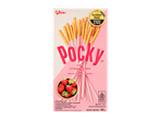 Pocky Strawberry Flavour biscuit sticks, with a bowl of fresh strawberries.