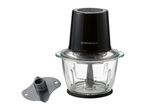 Black and clear glass food chopper with a grey spatula on a white background.