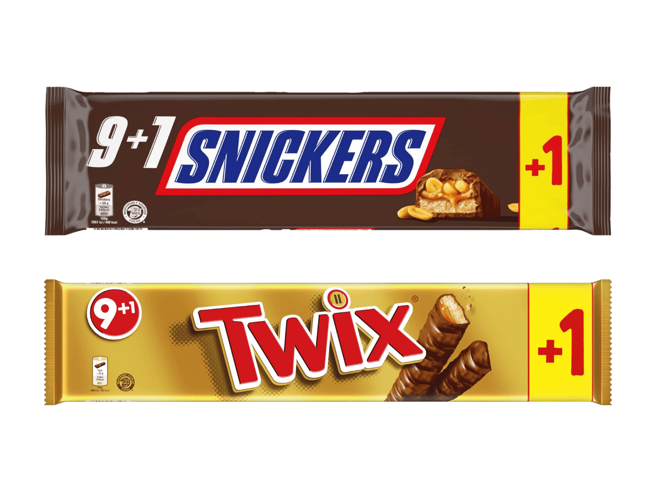 Zwei Schokoriegel, einer mit Karamell und Erdnüssen, der andere mit Keks und Karamell, mit 9+1 Angebot.