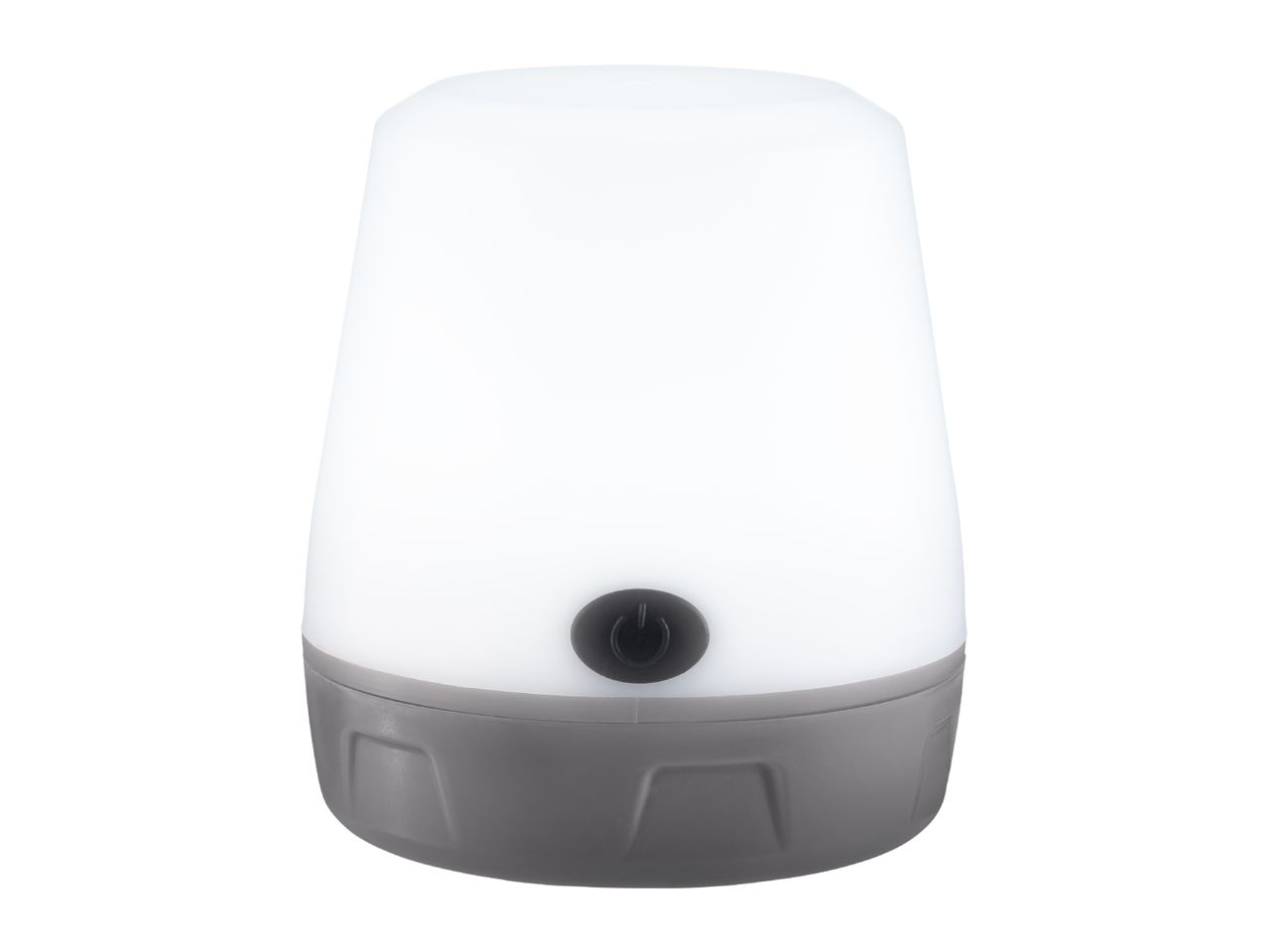 White and grey portable LED lantern with a power button on the front.