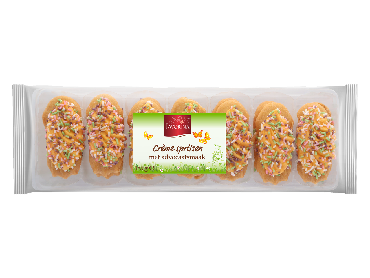 Favorina Lentemergpijpjes met advocaatsmaak, 185g, in een transparante plastic verpakking.