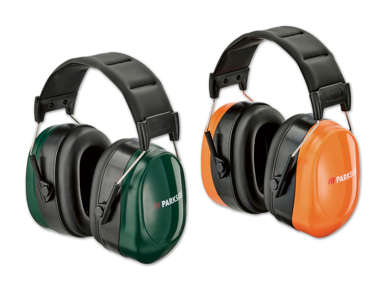 Zwei Gehörschützer in Grün und Orange mit schwarzem Kopfbügel und Ohrmuscheln.
