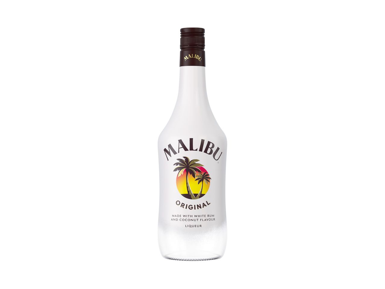 White bottle of coconut liqueur with a tropical sunset and palm tree logo.