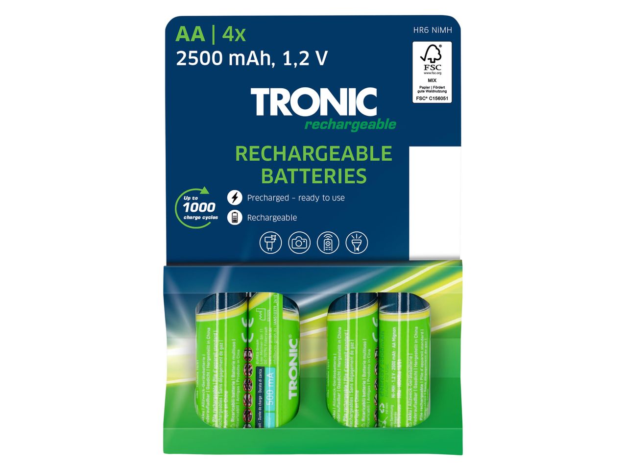 Négy darab TRONIC újratölthető AA elem 2500 mAh kapacitással.