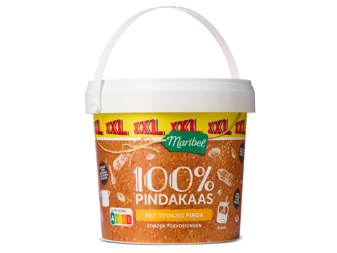 Een emmer Maribel 100% pindakaas met stukjes pinda is te zien.