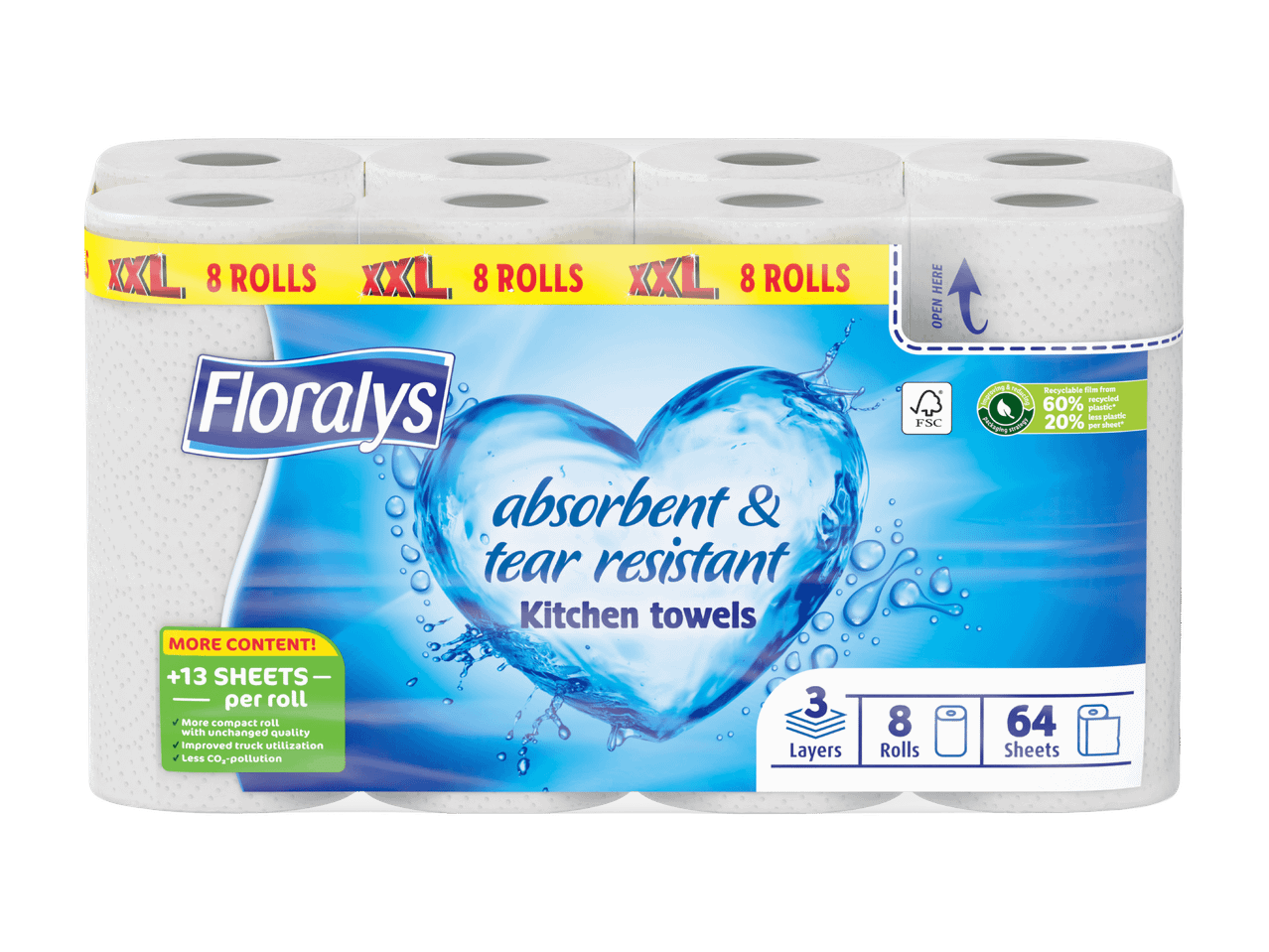 XXL-Küchenrollen, 8 Rollen, saugfähig und reißfest, mit 64 Blatt pro Rolle und 3 Lagen.