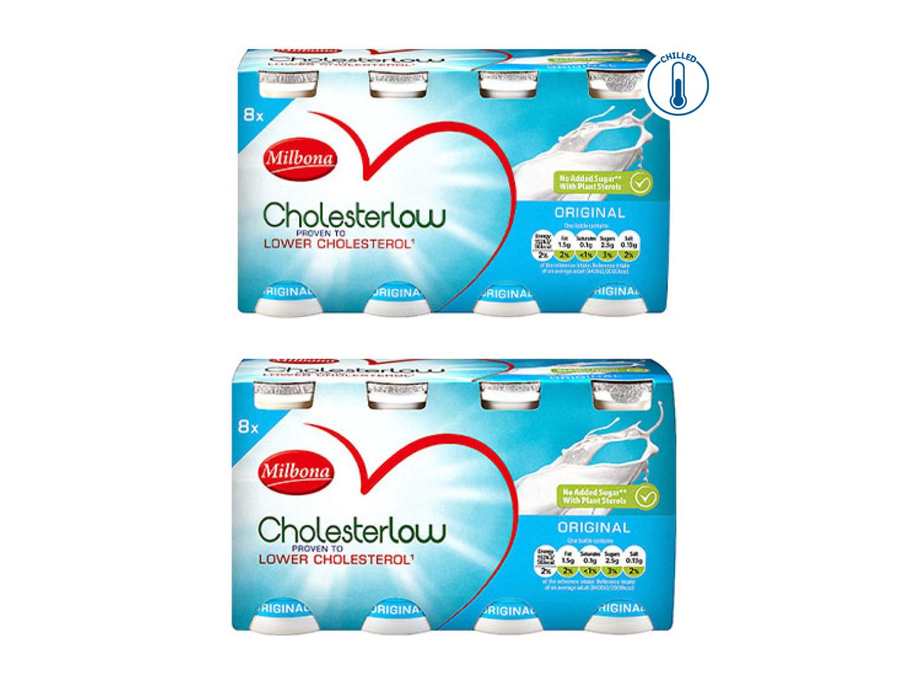 Two 8-packs of Milbona Cholesterlow Original yogurt drinks, proven to lower cholesterol.