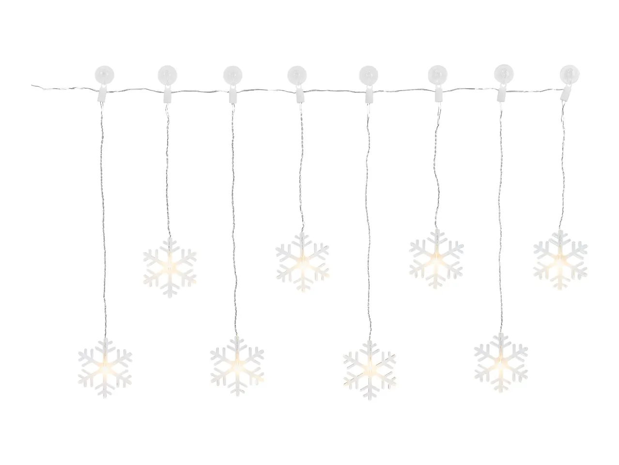 Snowflake string lights with warm white LEDs, perfect for festive decoration.
