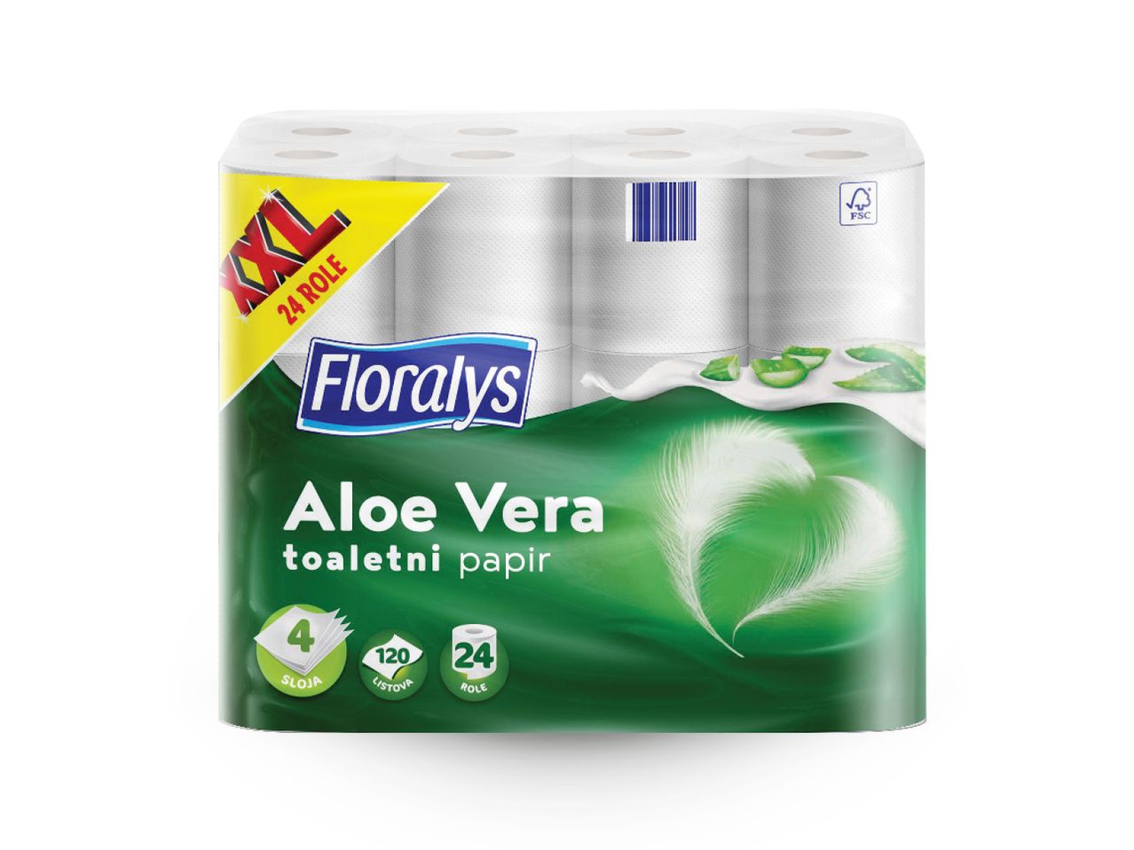 Pakiranje Floralys XXL toaletnog papira s 24 role, 4 sloja i 120 listova, s mirisom aloe vere.