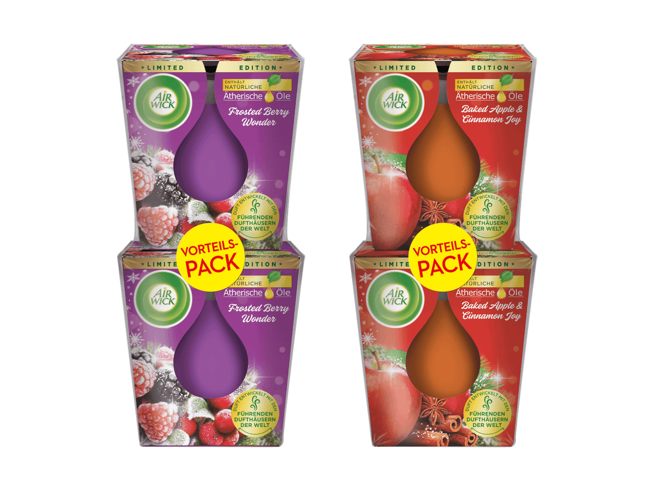 Air Wick Vorteilspack mit Frosted Berry Wonder und Baked Apple & Cinnamon Joy Duftölen.