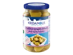 Bocal d'olives vertes farcies à l'ail dans de la saumure, de style grec.