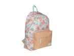 Backpack with a light pink and blue leaf pattern, featuring cartoon characters and a beige front pocket.