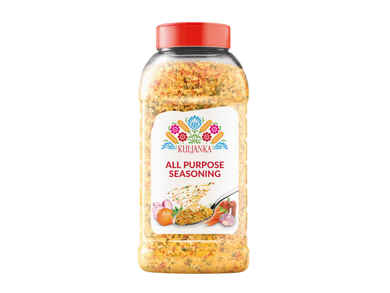 Kuljanka All Purpose Seasoning in a clear plastic shaker bottle with a red lid.