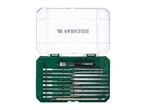 Precision screwdriver set with various bits and tools in a green and clear case.