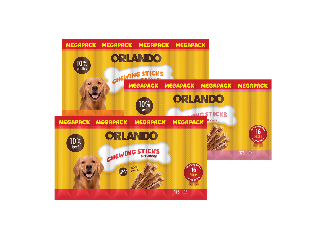 Tri pakiranja žutih žvakaćih štapića za pse s okusima peradi, teletine i govedine.