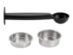 Black coffee scoop with tamper and two stainless steel filter baskets with 'MAX' marking.