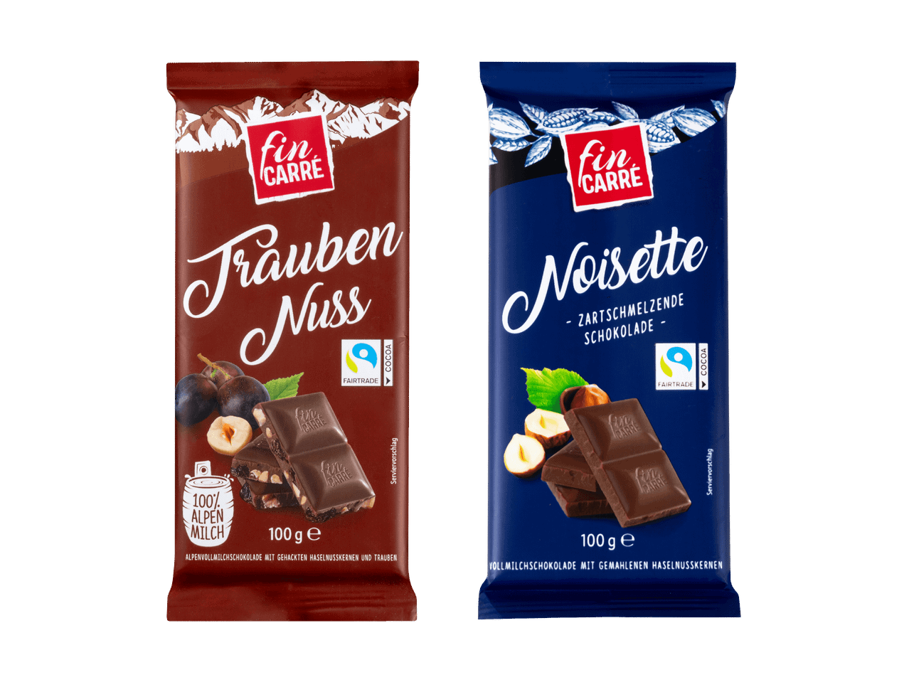 Zwei Fin Carré Schokoladentafeln: Trauben Nuss und Noisette.