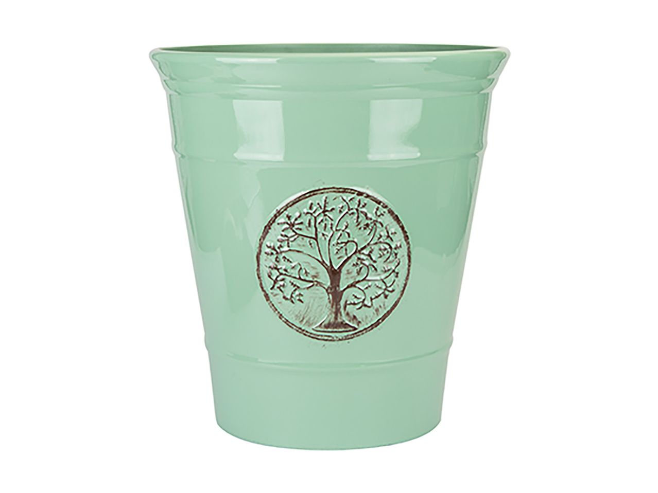 Light green ceramic plant pot with an embossed tree of life design on the front.