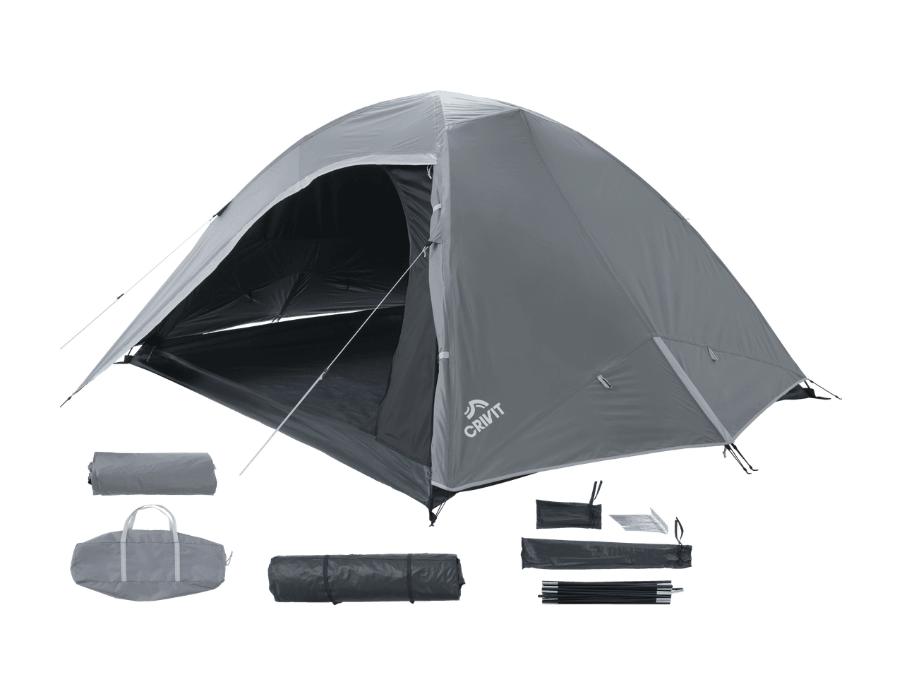 Tente de camping grise avec accessoires démontés sur fond noir.