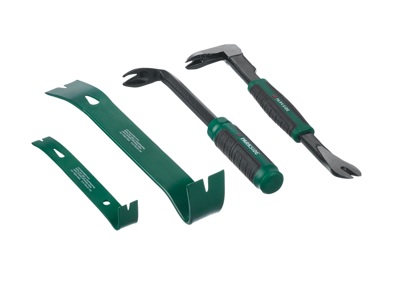 PARKSIDE® pry bar and crowbar set, featuring two pry bars and two crowbars with green handles.