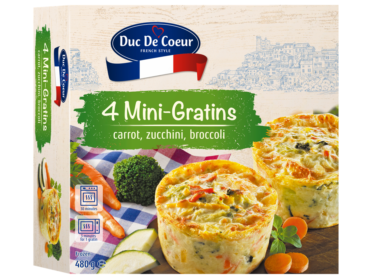 4 mini-gratine Duc De Coeur cu morcovi, dovlecei și broccoli.